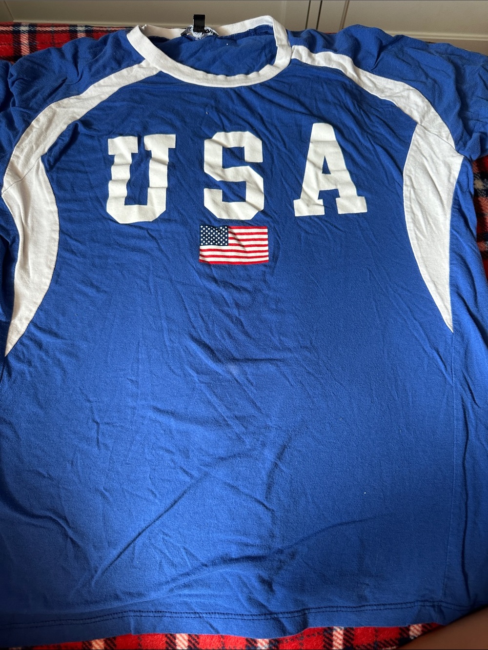 Fashion Nova USA Blue Short Sleeve Tee with White Accents